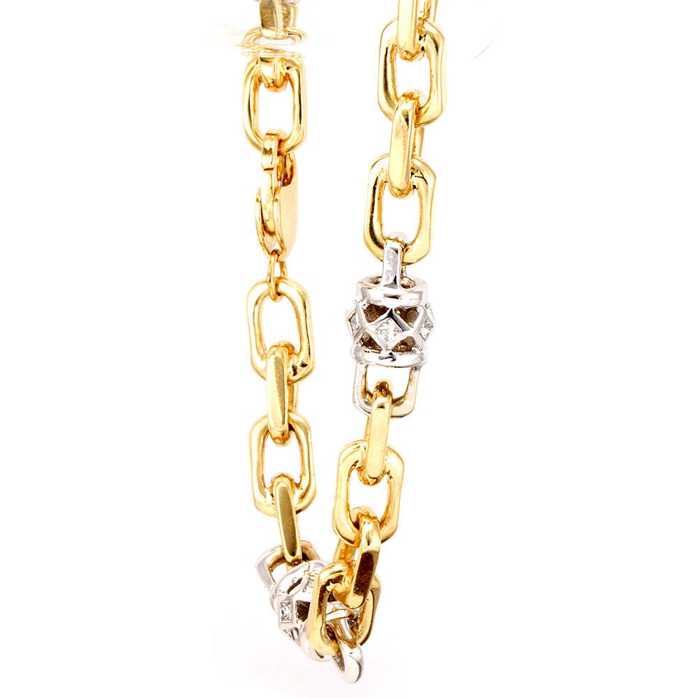 14K Two Tone Unique Link Chain Bracelet with Bezel set Princess Cut Diamonds