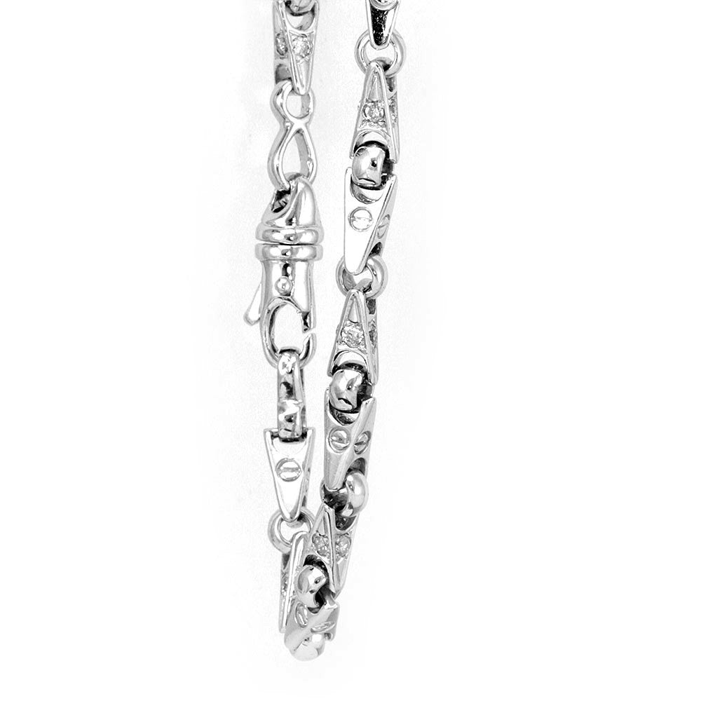 Unique Hand Made Link Bracelet with Round Diamonds in 14K White Gold