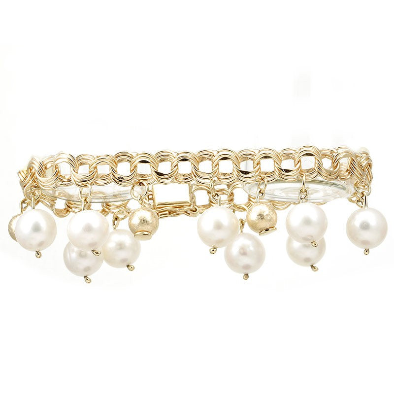 Triple Round Links 14K Yellow Gold Bracelet with White Pearl Charms