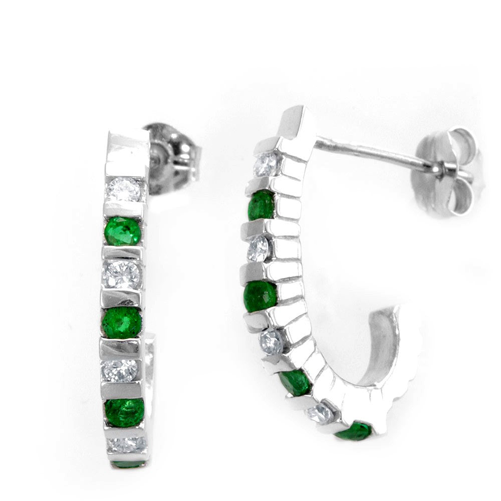Emerald and Round Diamond Semi Hoop Earrings
