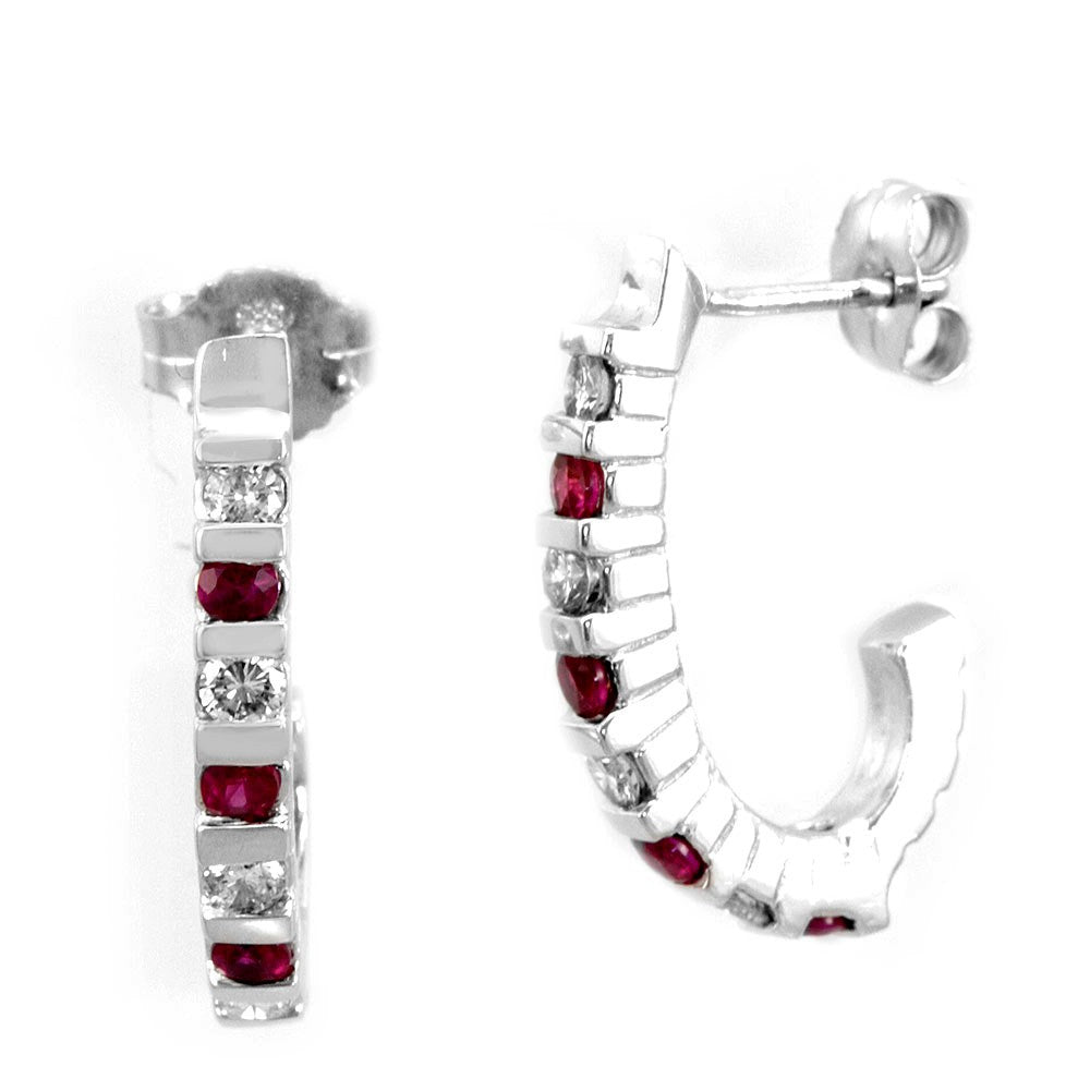 Round Diamond and Rubies Semi Hoop Earrings