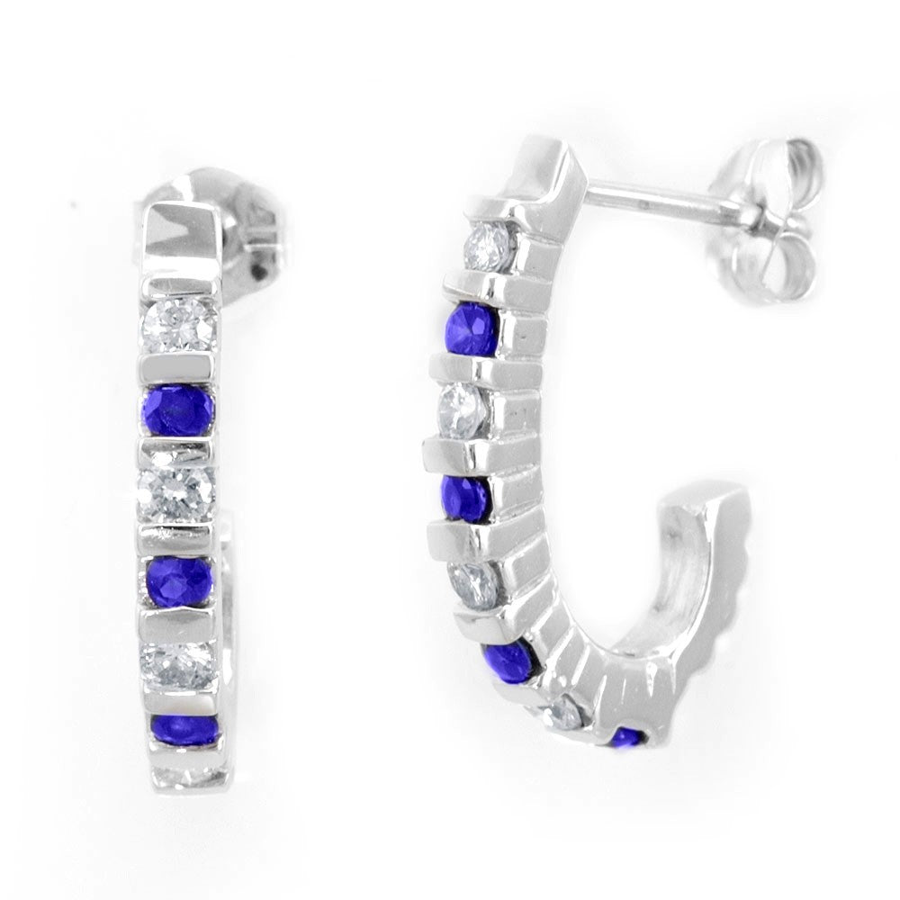 Blue Sapphires and Round Diamonds Semi Hoop Earrings