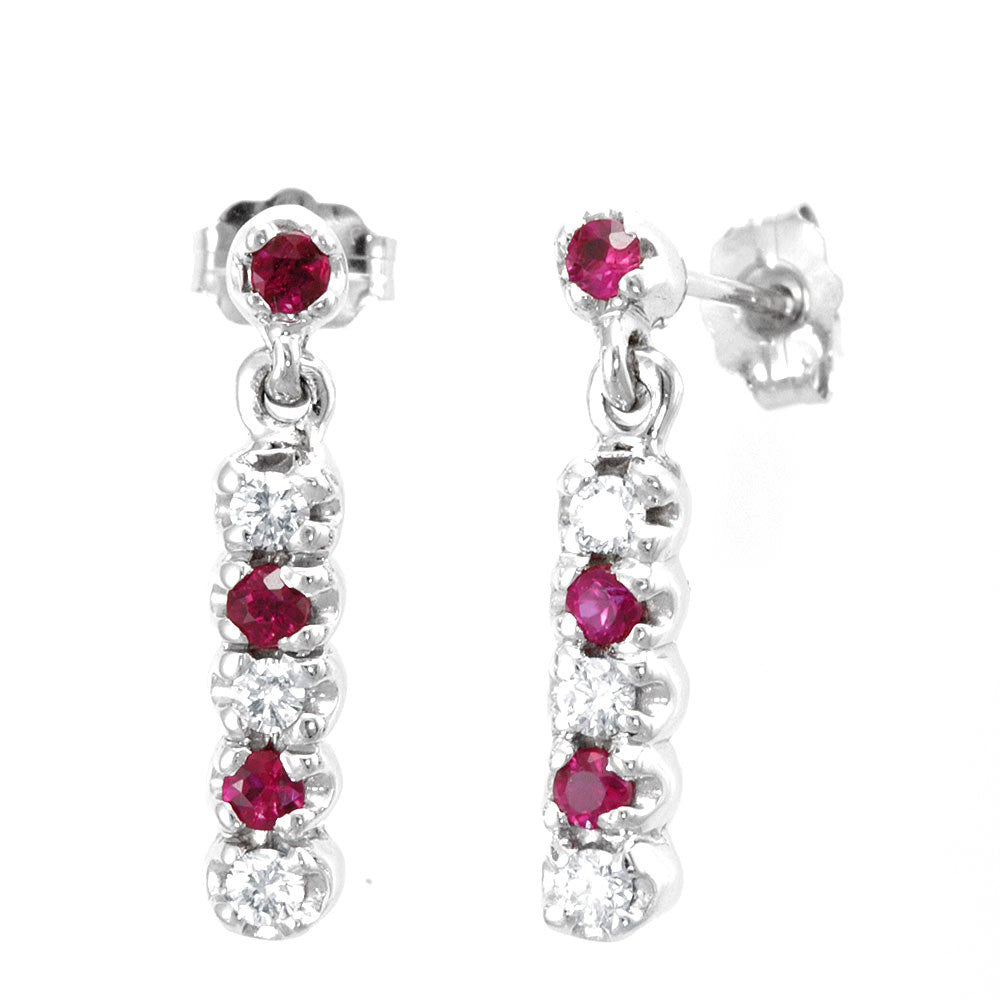 Round Diamonds and Rubies Drop Down Earrings