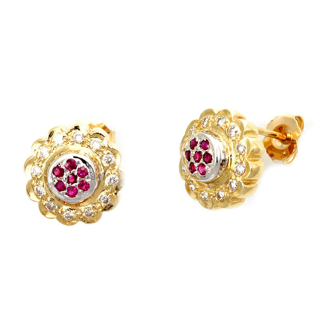 Round Diamonds and Rubies Flower Design Earrings