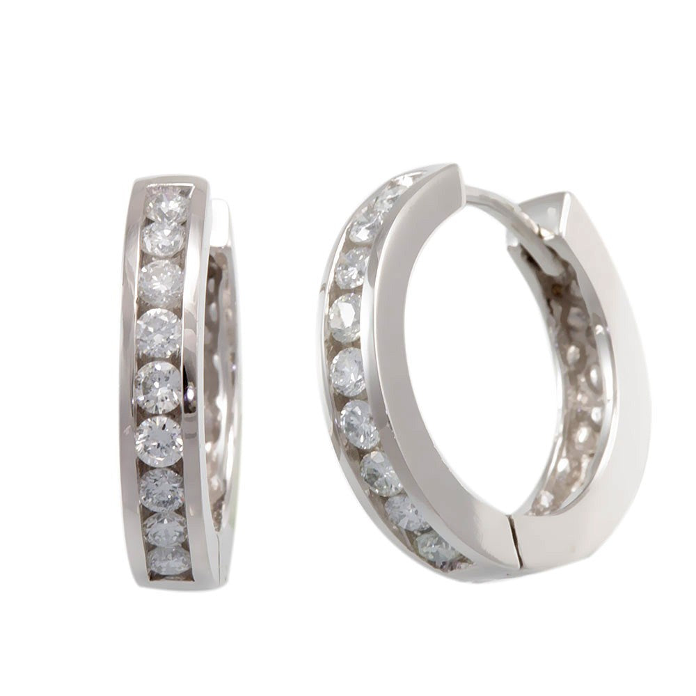 Channel Set Round Diamonds Hoop Earrings in 14K White Gold