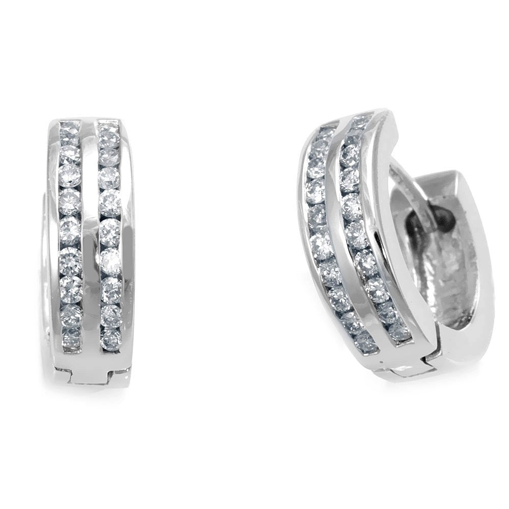 2 Rows Round Diamond Hoop Earrings in 14K White Gold