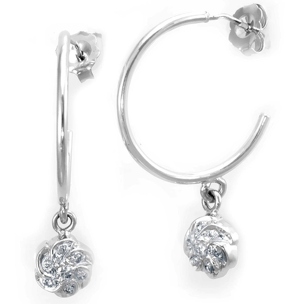 Flower Charm Semi Hoop Earrings in 14K White Gold