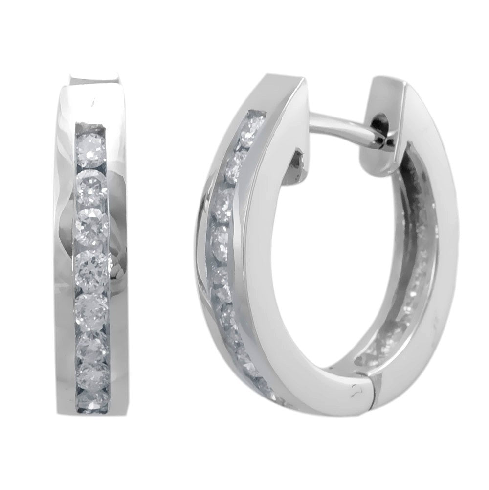 Channel Set Round Diamonds Hoop Earrings in 14K White Gold