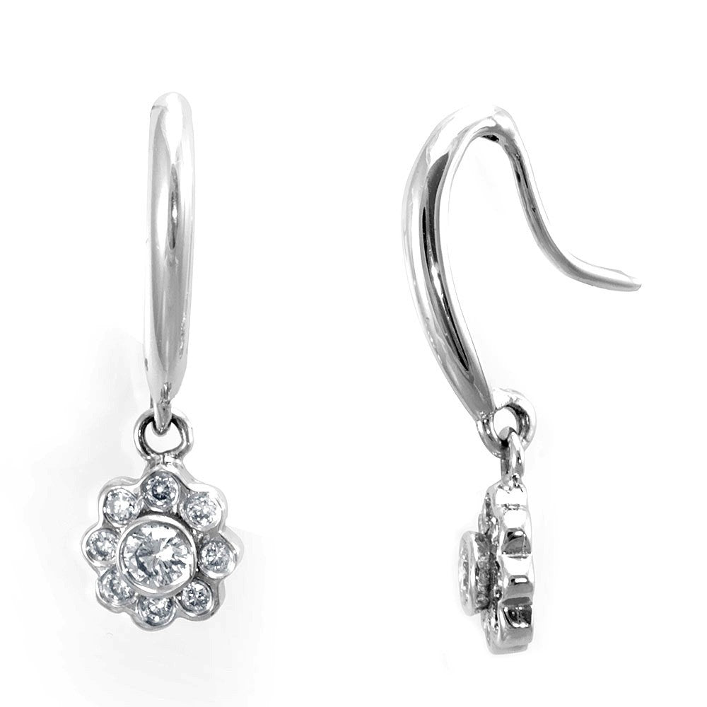 Flower Design Diamond Ear Wire Earrings in 14K White Gold