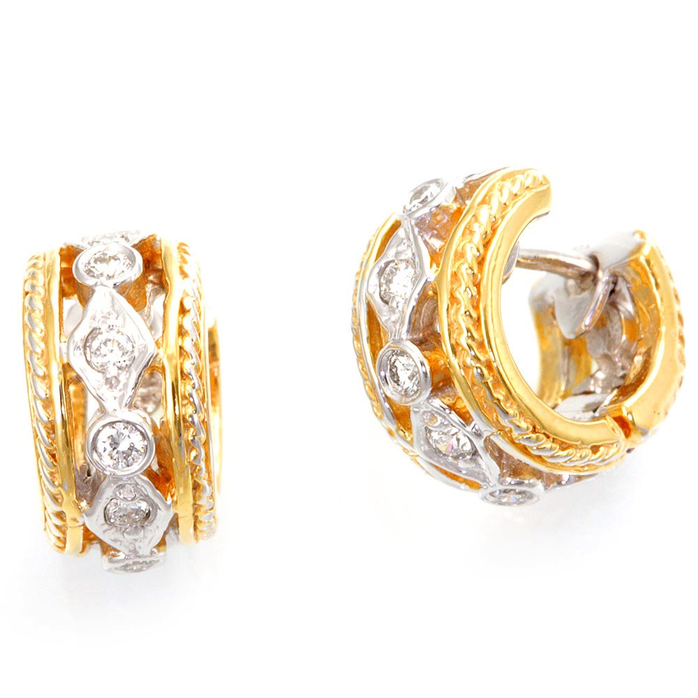 14K Two Tone Diamond Semi Hoop Earrings