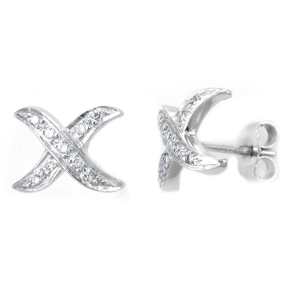 Diamond X Design Stud Earrings in 14K White Gold