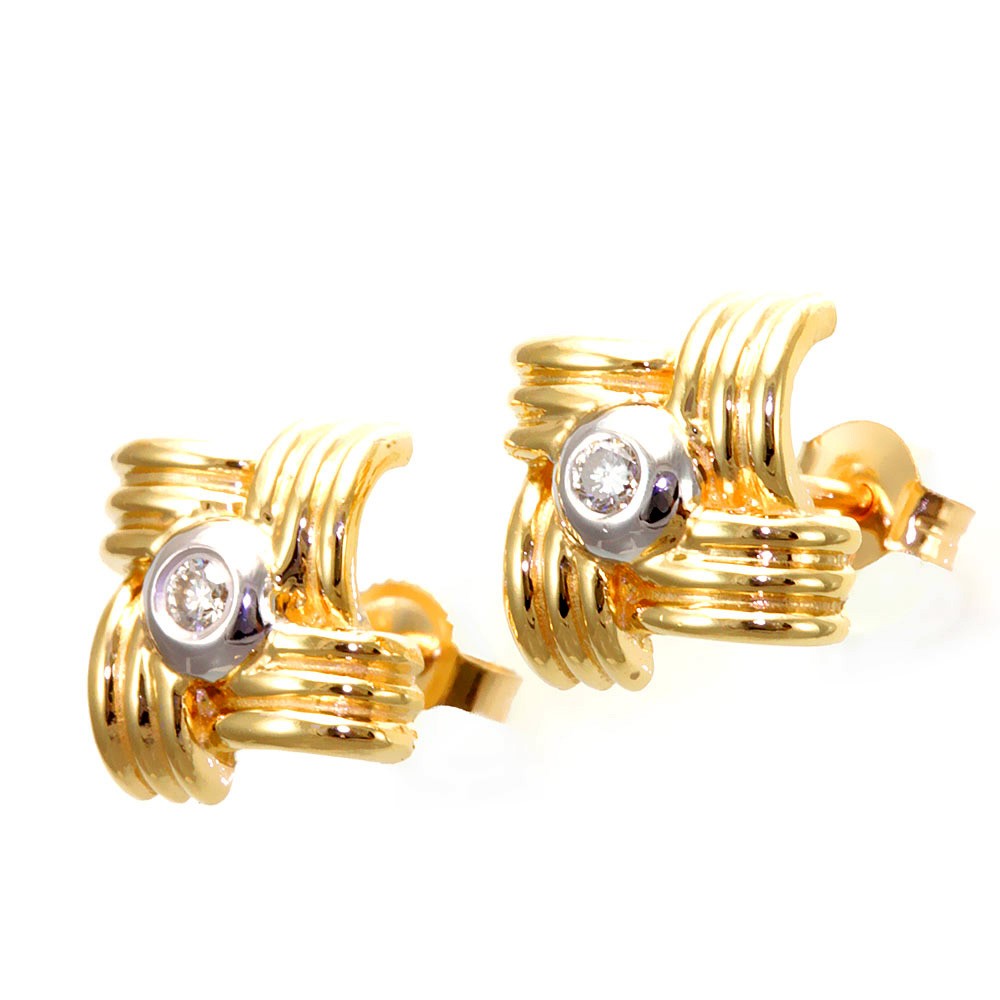 Unique 14K Two Tone Stud Earrings with Bezel Set Diamond