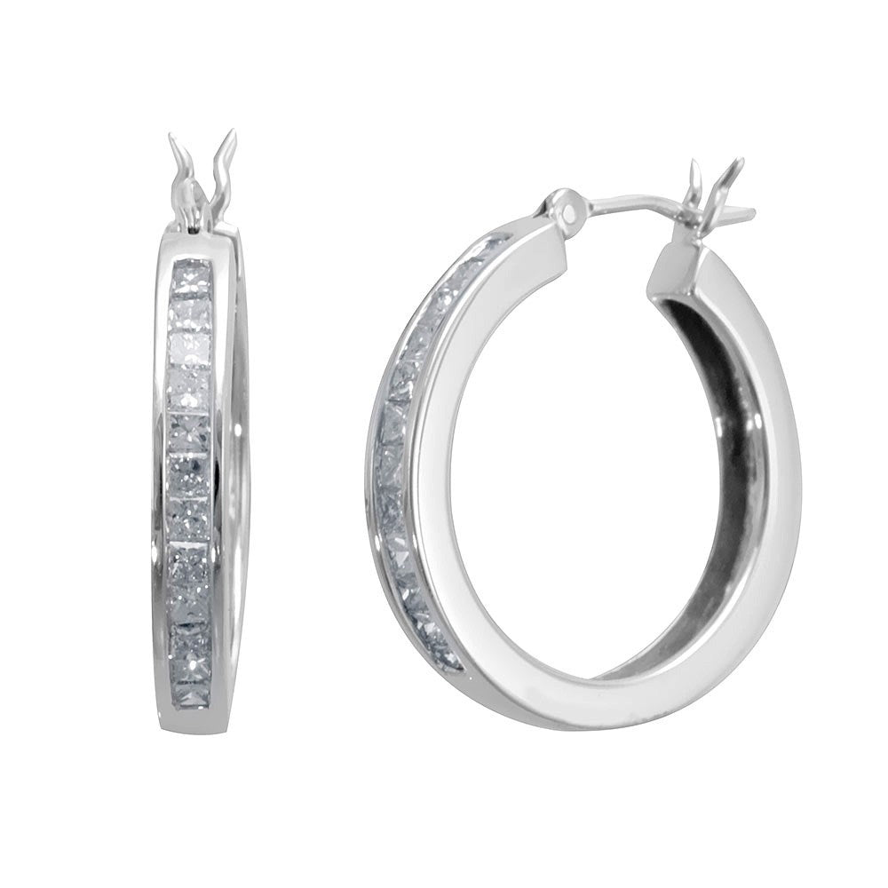 Channel Set Princess Cut Diamonds 14K White Gold Hoop Earrings