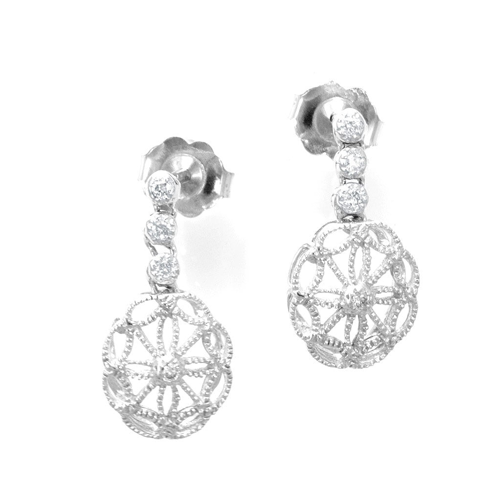 Diamond Wheel Design 14K White Gold Dangling Earrings