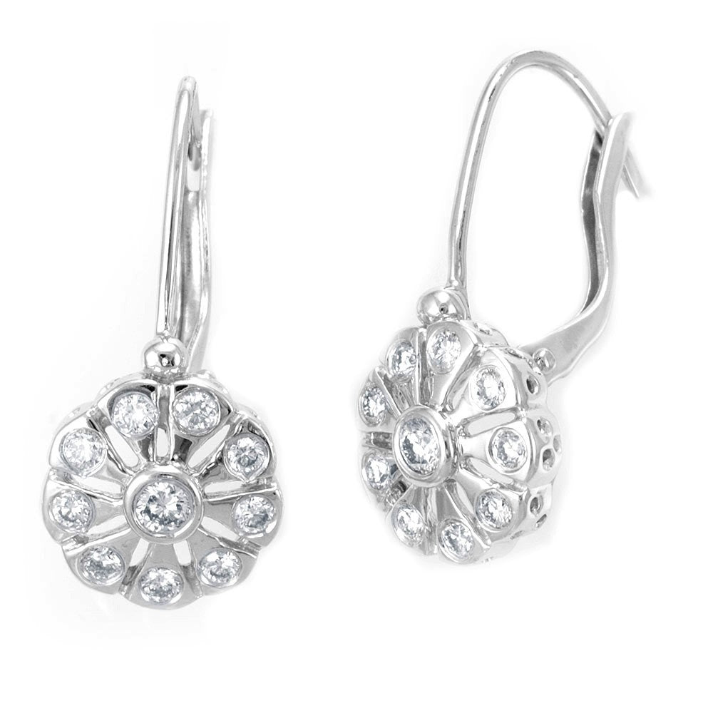 Flower Design Diamond Earwire Earrings in 14K White Gold