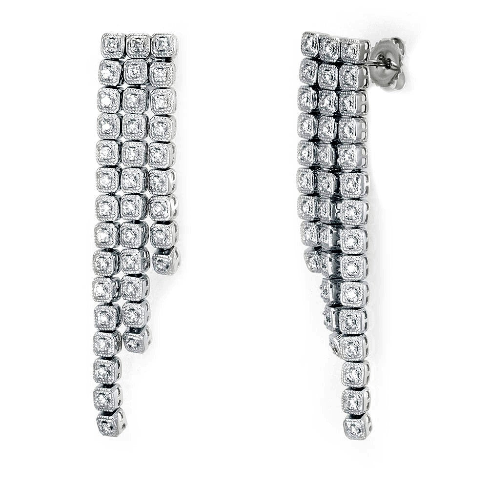 Elegant 3 Row Diamond Dangling Earrings in 14K White Gold