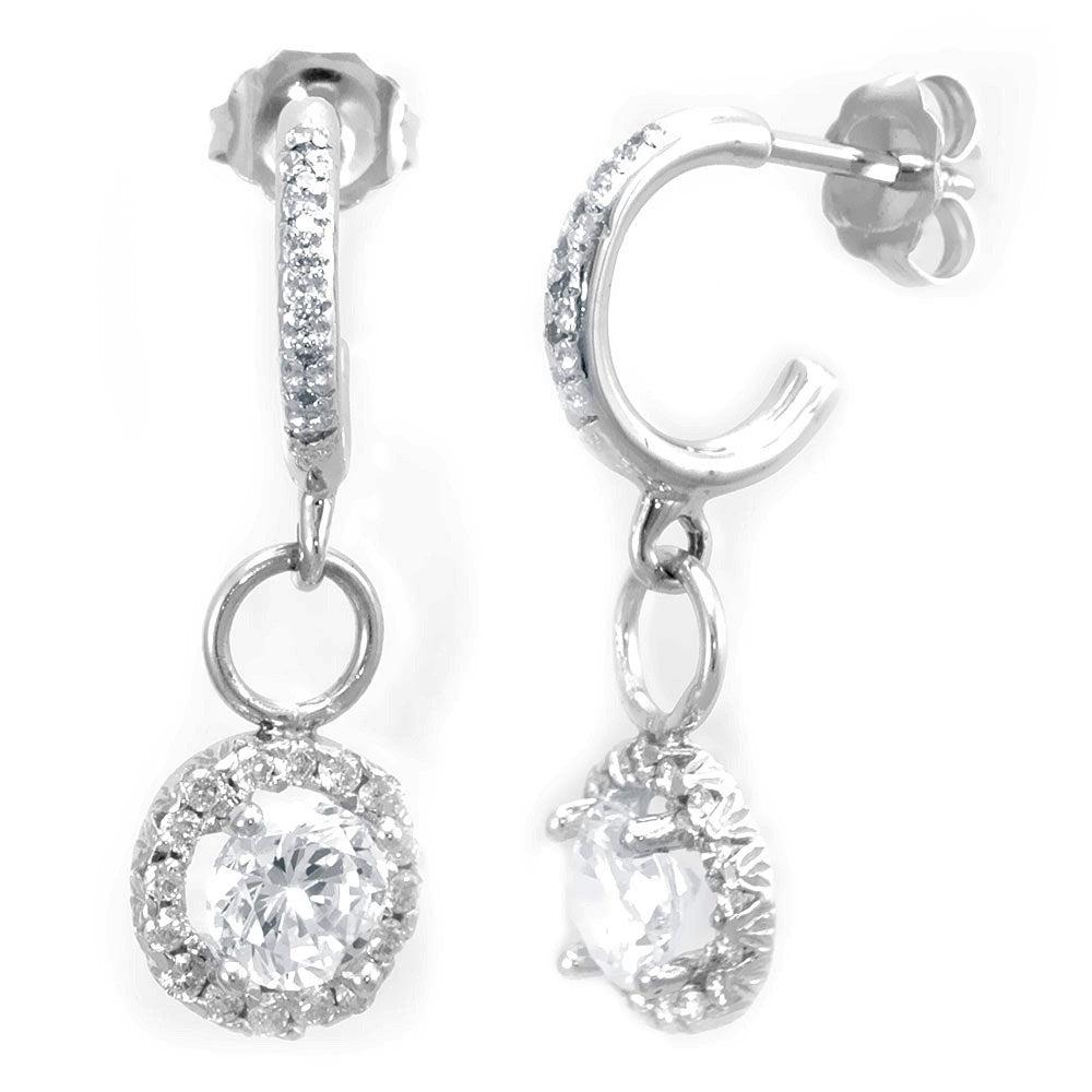 14K Semi Hoop Earrings with Halo Diamond Charms