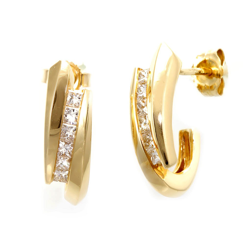 Princess Cut Diamond Semi Hoop Earrings in 14K Yellow Gold