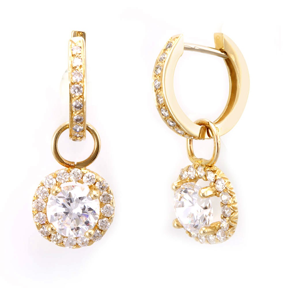 14K Yellow Gold Hoop Earrings with Halo Diamond Charms