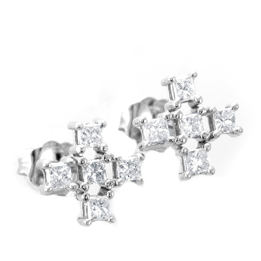 Cross Stud Earrings with Princess Cut Diamonds