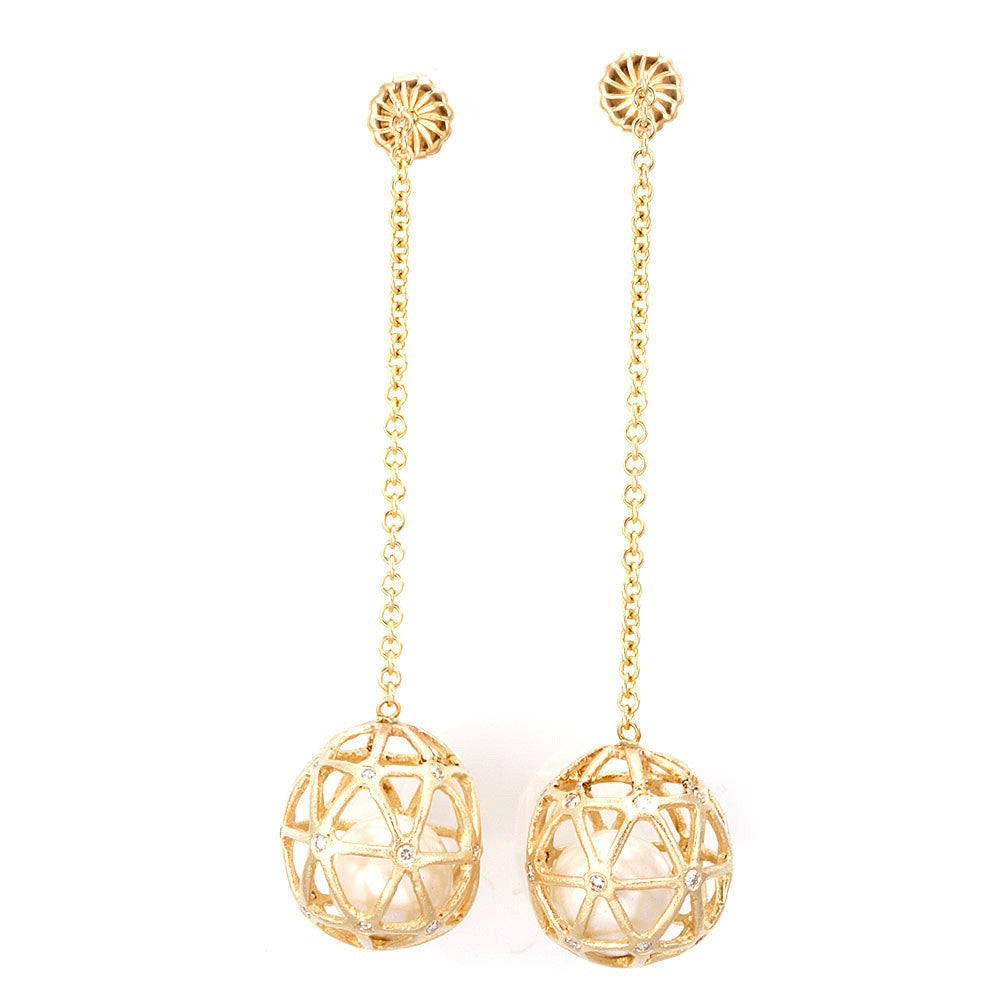 Diamond Dangling Globe Design Earrings in 14K Yellow Gold