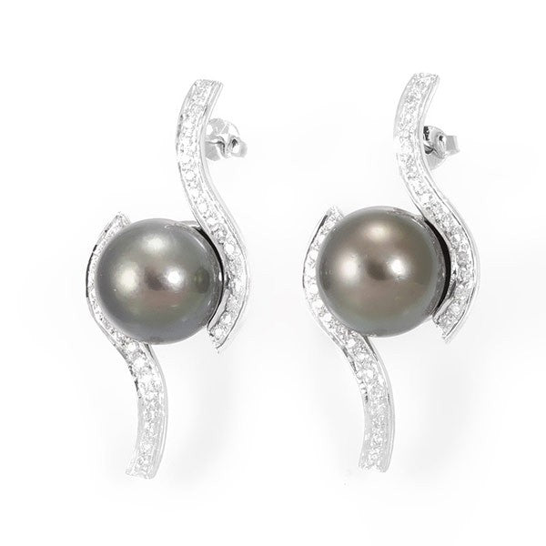 Unique Design Dangling Earrings with Black Pearl and Diamonds