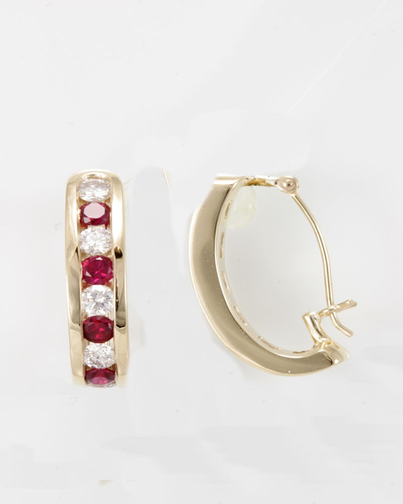 Diamond and Rubies in14K Yellow Gold Semi Hoop Earrings