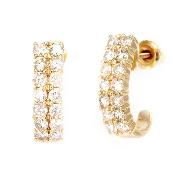 2 Row Round Diamonds in 14K Yellow Gold Semi Hoop Earrings
