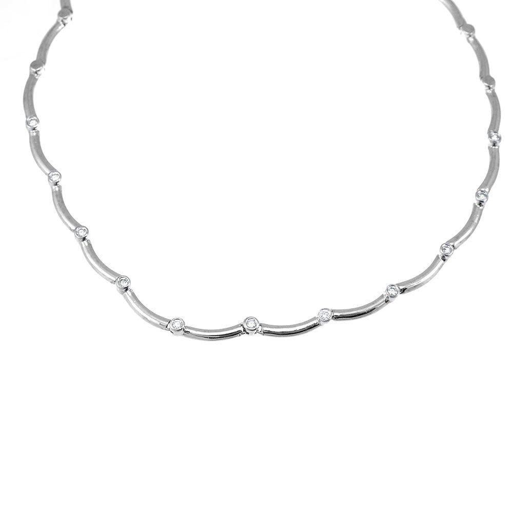 14K White Gold Link with Bezel set Round Diamonds Necklace