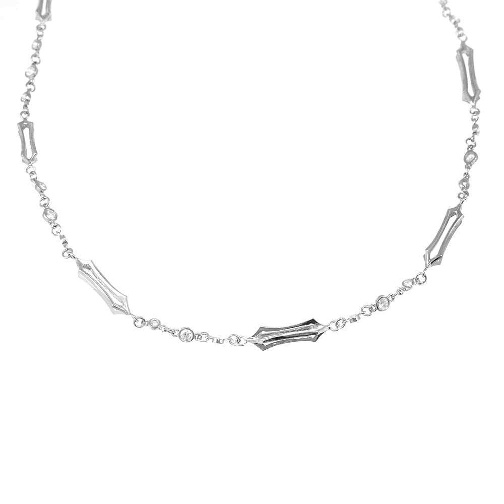 Bezel Set Round Diamond and 14K White Gold Links Necklace