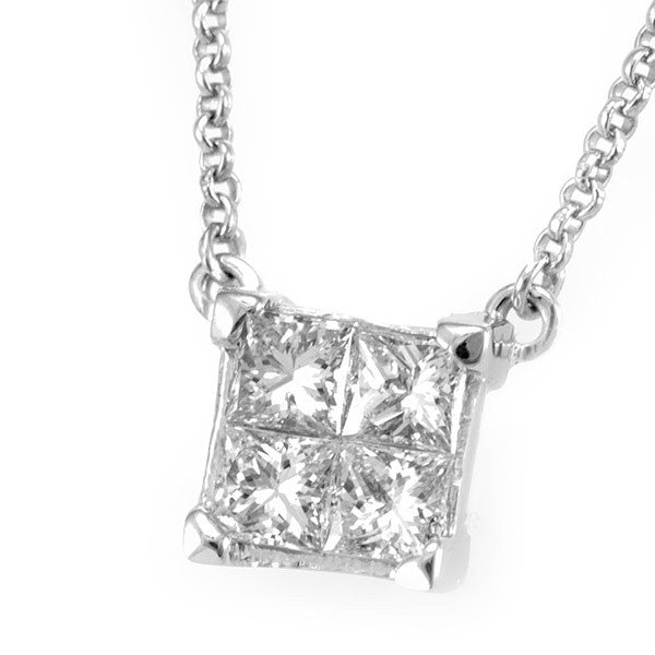 14K White Gold Square Pendant Necklace with Princess Cut Diamonds