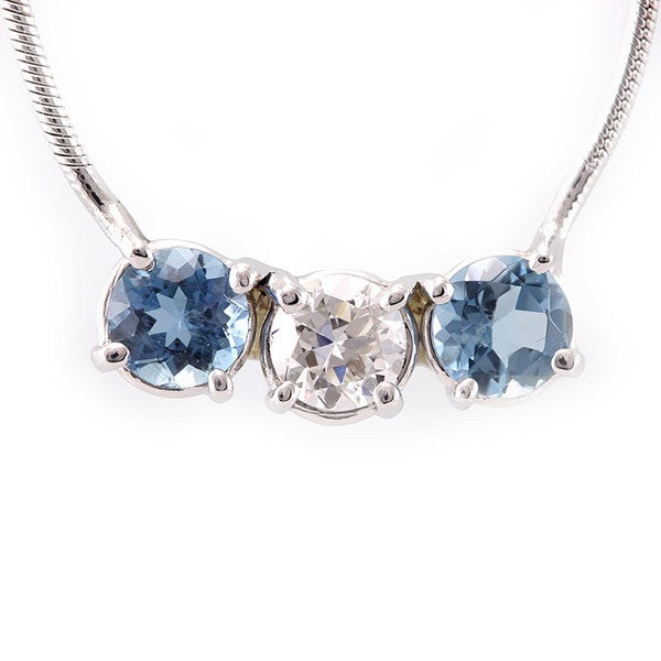 Diamond and Aquamarines Solitaire Necklace in 14K White Gold