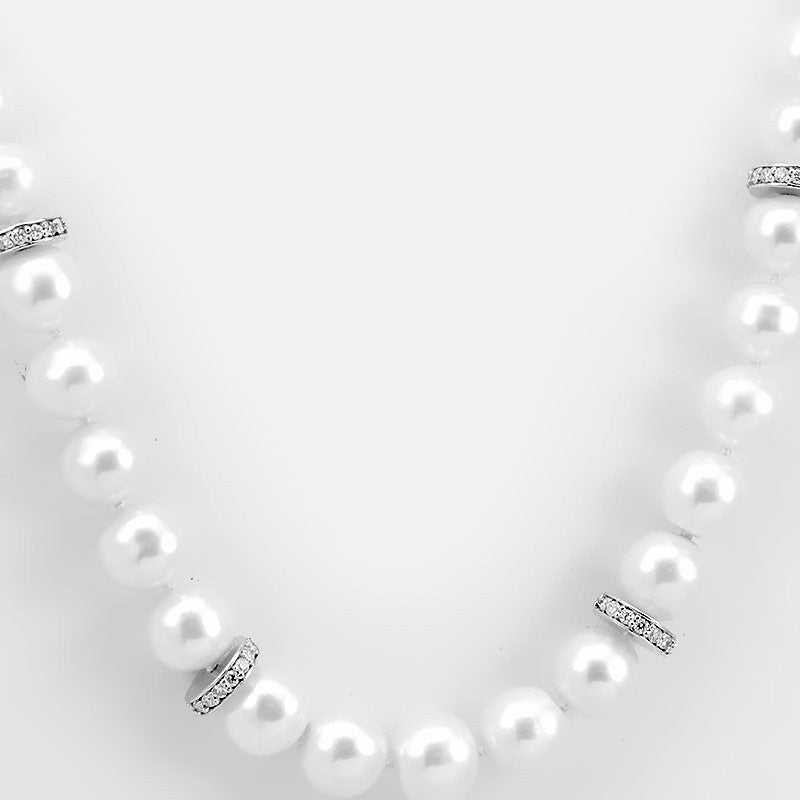 White Pearl Necklace with 14K White Gold Diamond Roundels