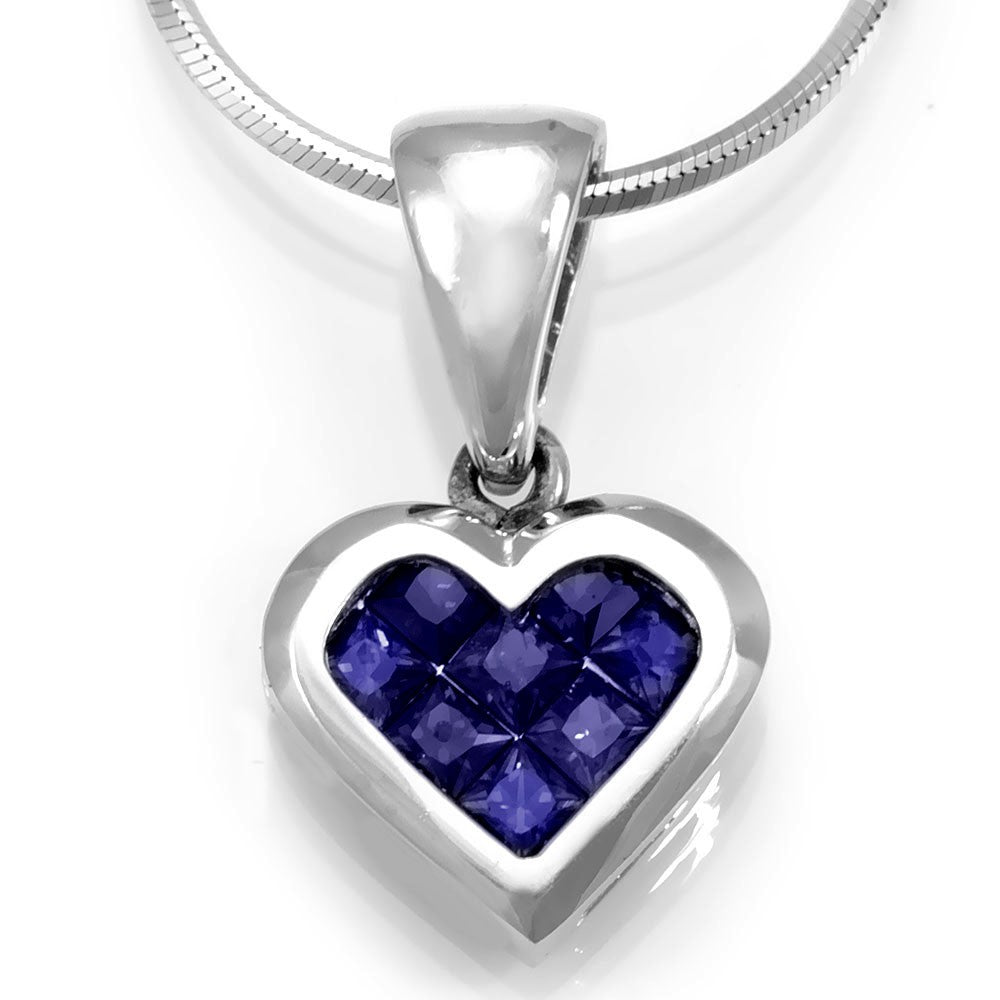 14K White Gold Heart Pendant with Blue Sapphires