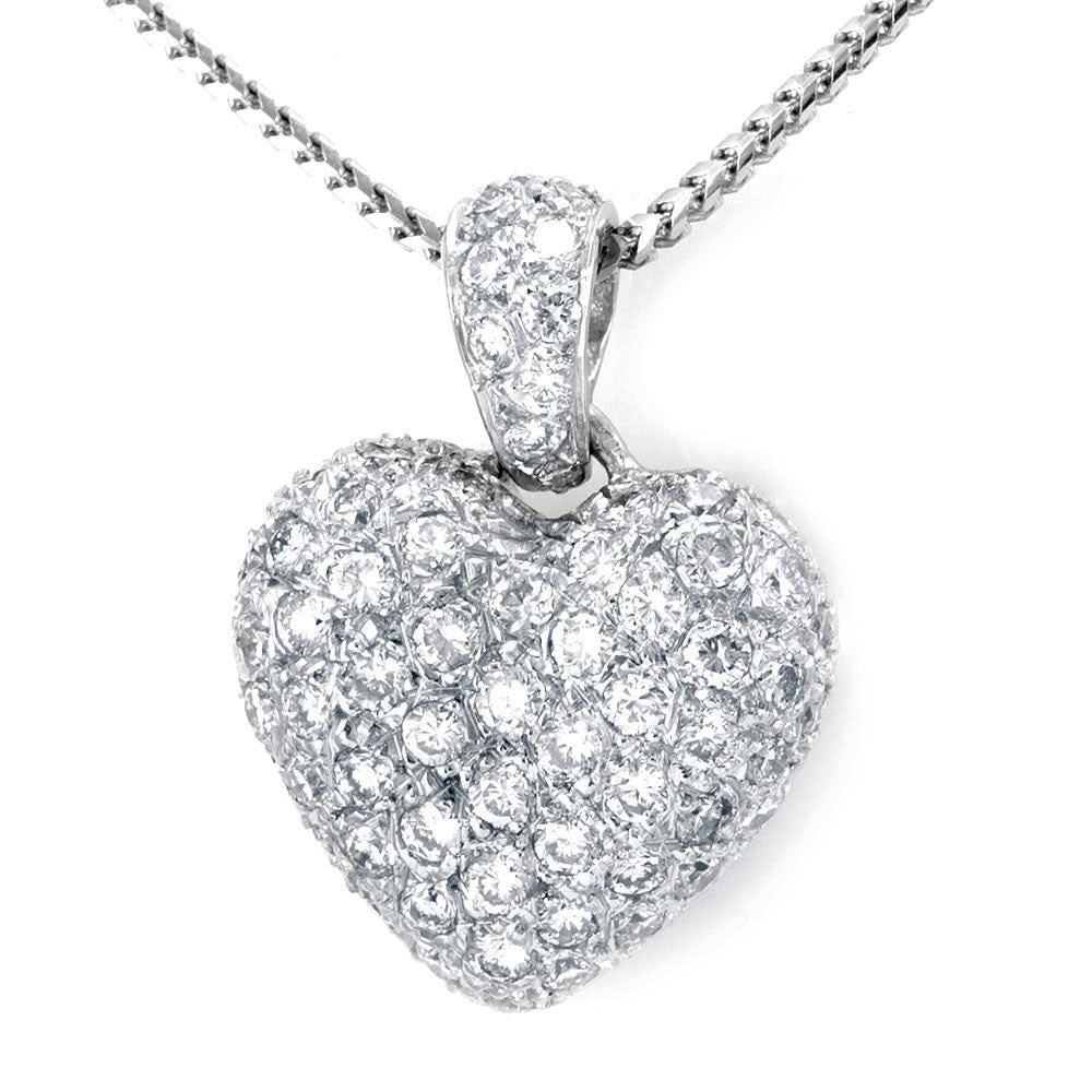 14K White Gold Solid Heart Pendant with Diamonds