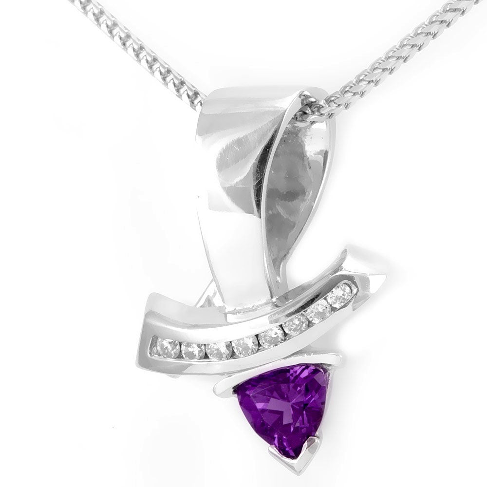 Trillion Amethyst Diamond Pendant in 14K White Gold