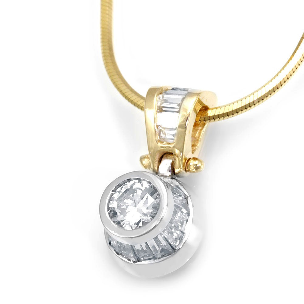 14K Two Tone High Bezel Pendant with Baguette Diamonds