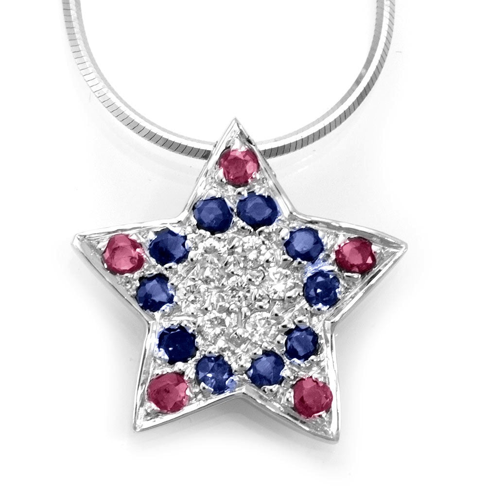 Rubies and Sapphires Star Pendant in 14K White Gold