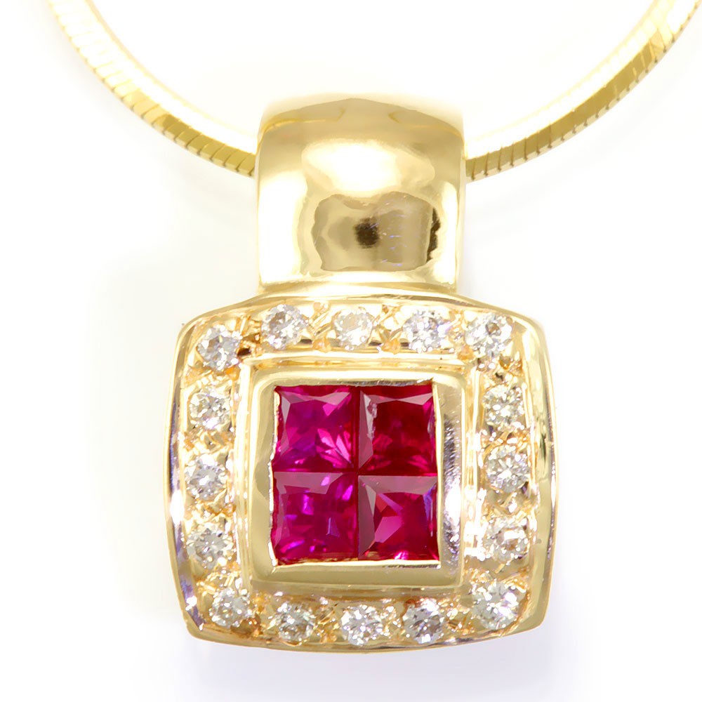 14K Yellow Gold Square Pendant with Diamond and Rubies