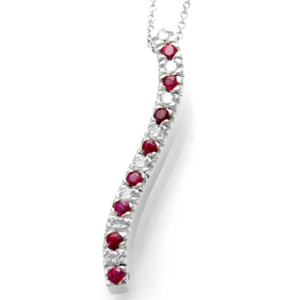 14K White Gold Curved Stick Pendant with Diamond and Rubies