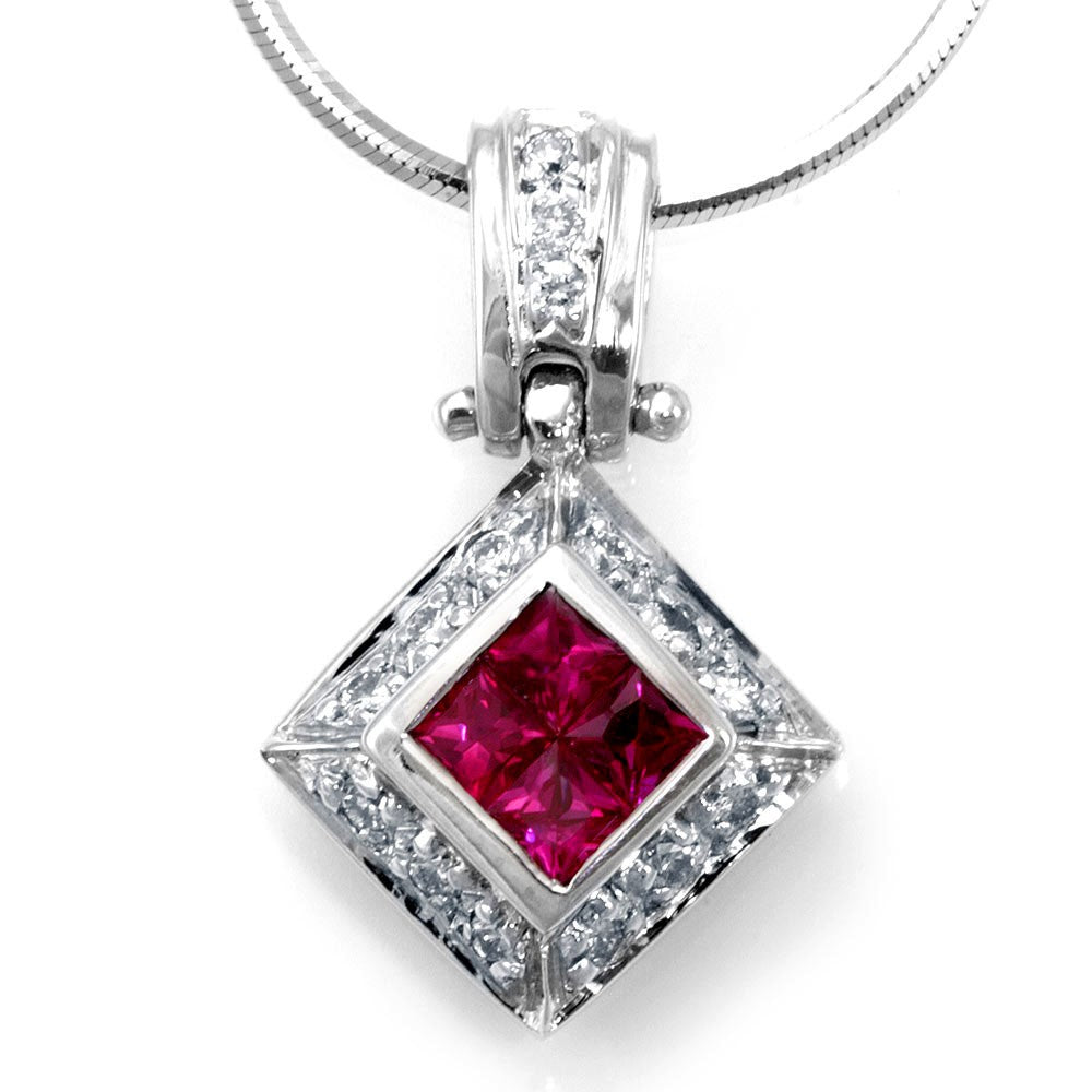 14K White Gold Diamond and Rubies Pendant