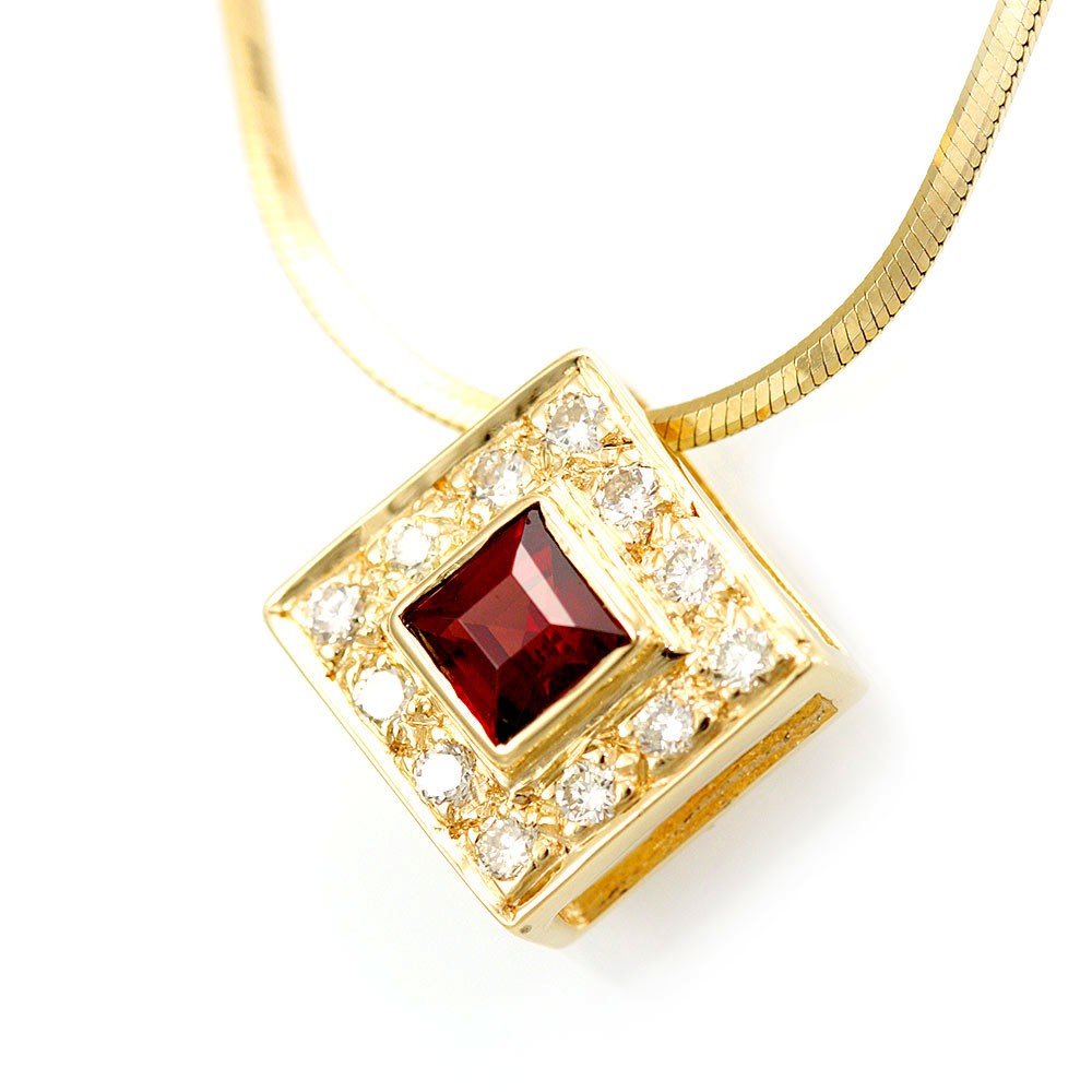 Diamond and Garnet Square Pendant in 14K Yellow Gold