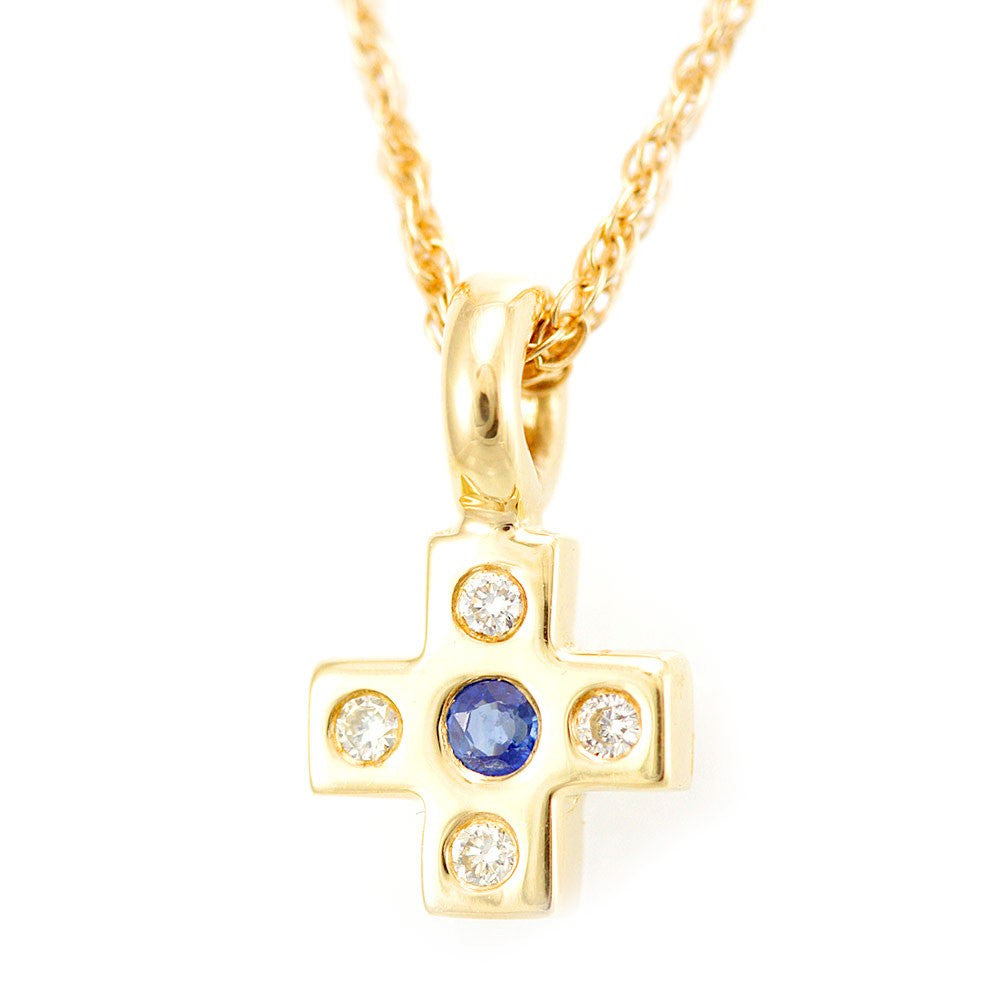 14K Yellow Gold Mini Cross Pendant with Diamond and Blue Sapphire