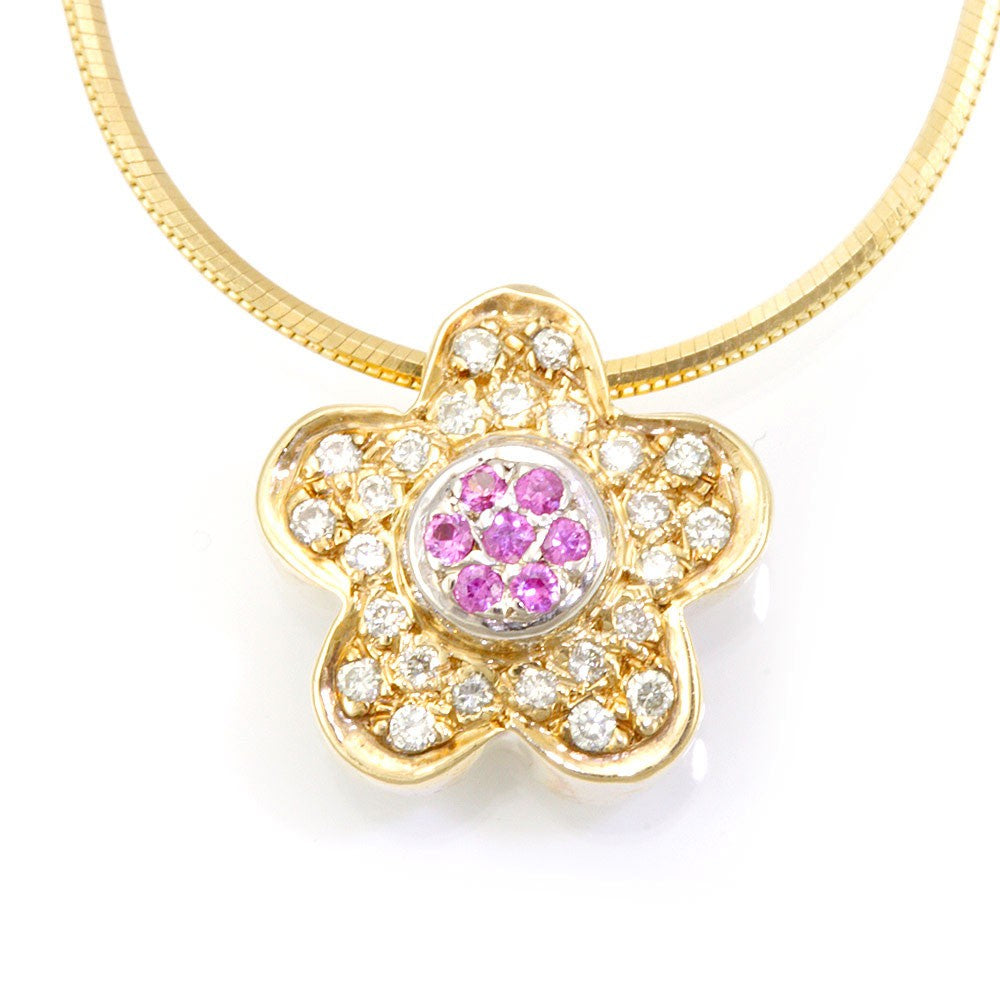 14K Yellow Gold Diamond and Pink Sapphire Clover Pendant