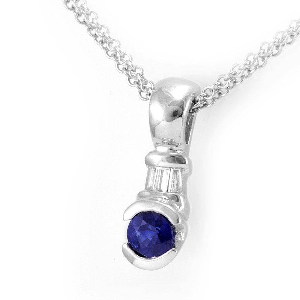 Baguette and Blue Sapphire Pendant in 14K White Gold