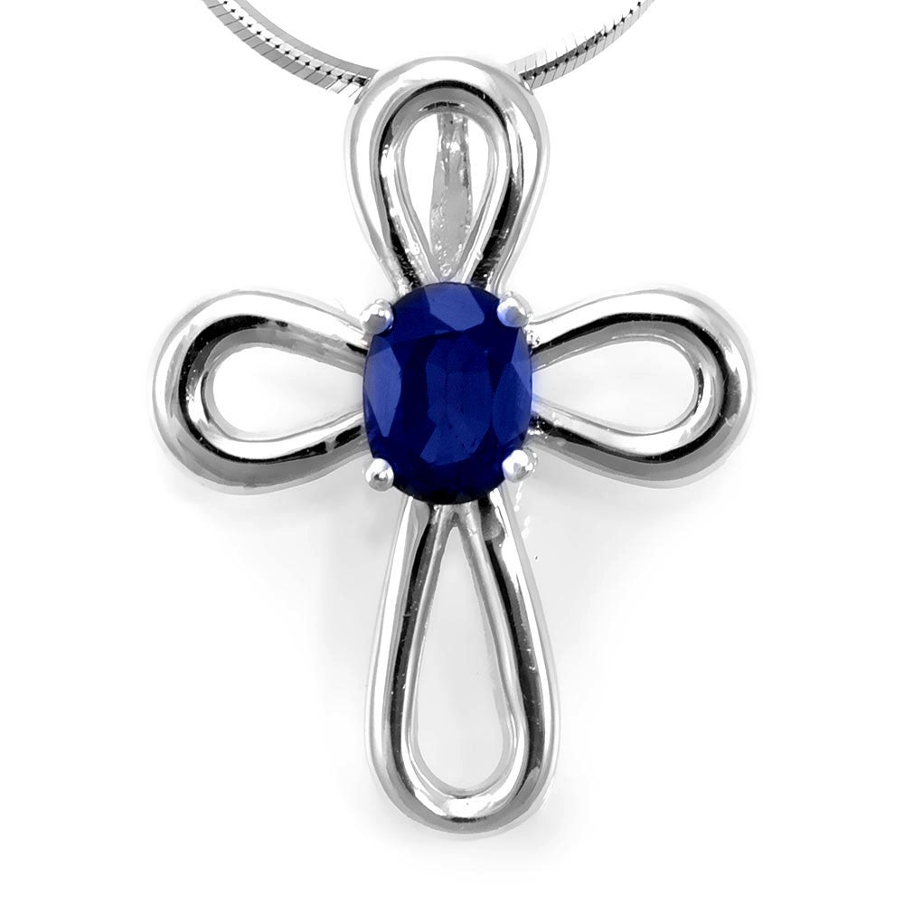 Blue Sapphire Cross Pendant in 14K White Gold