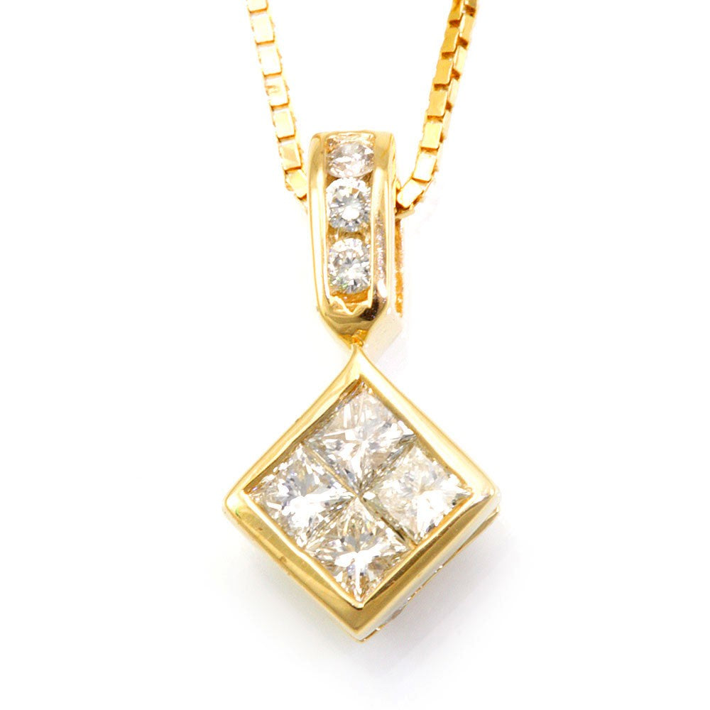 Round and Princess Cut Diamond Pendant in 14K Yellow Gold