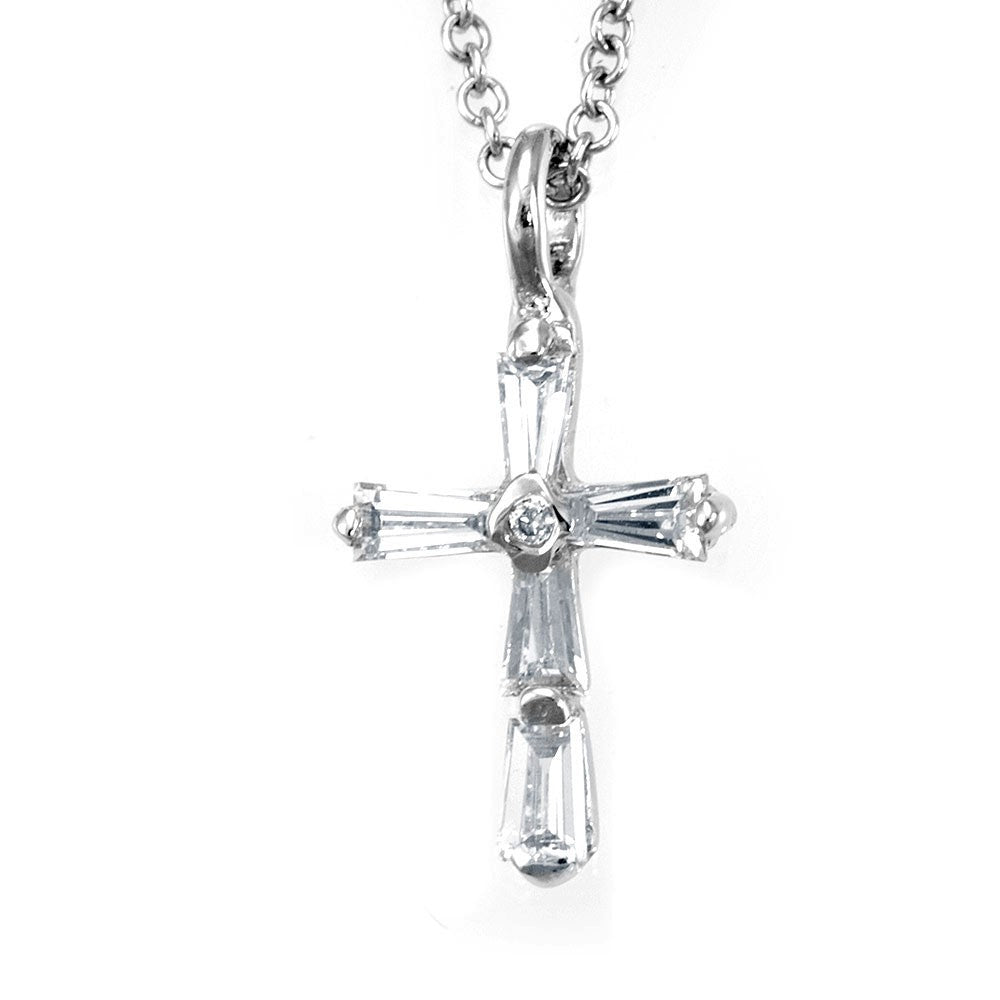Baguette and Round Diamond Cross Pendant in 14K White Gold