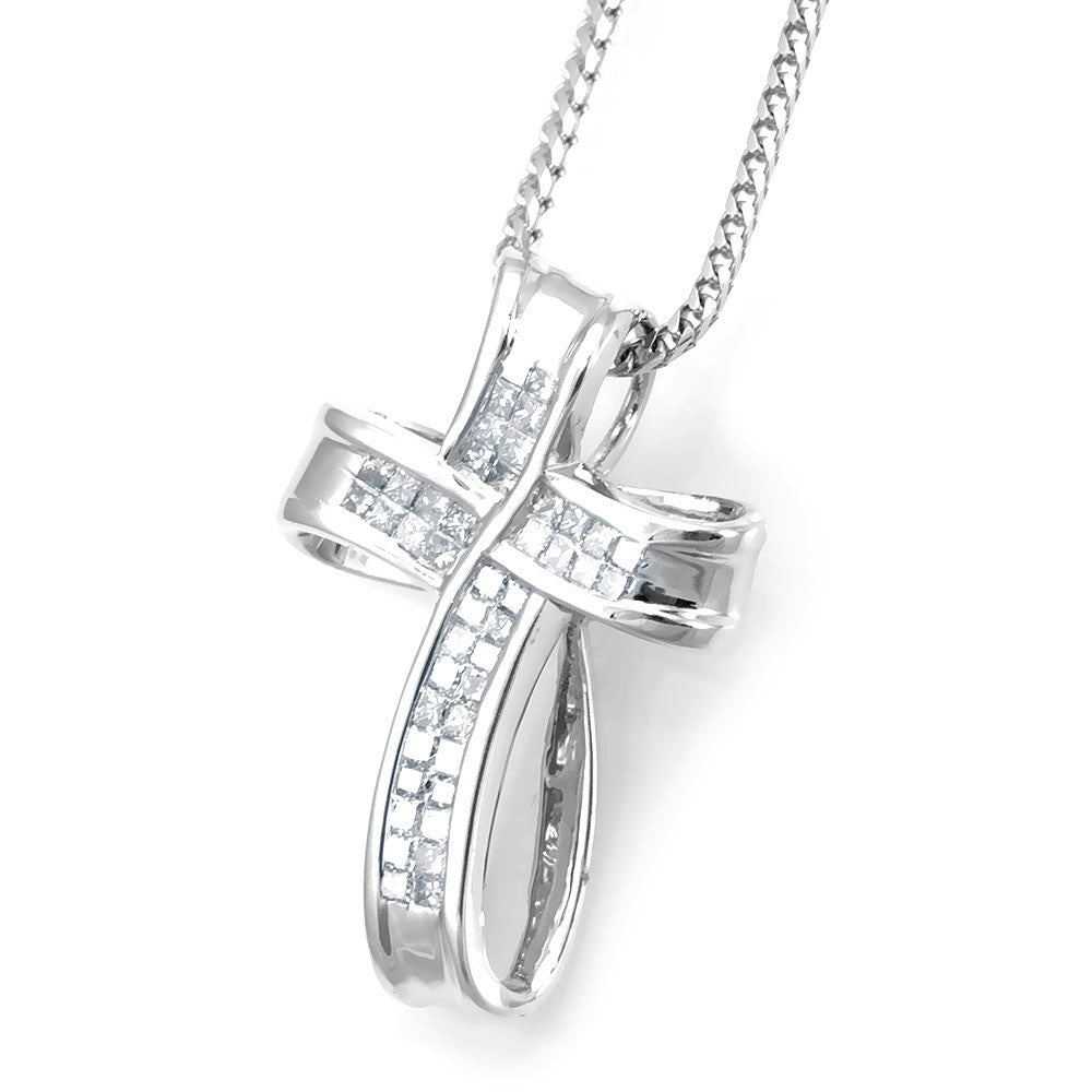 Princess Cut Diamond Cross Pendant in 14K White Gold