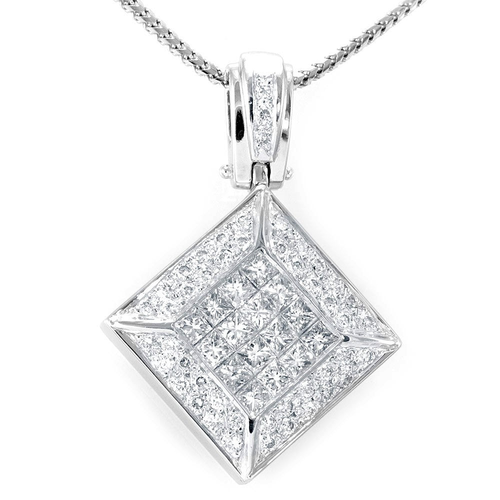 Round and Princess Cut Diamond Pendant in 14K White Gold